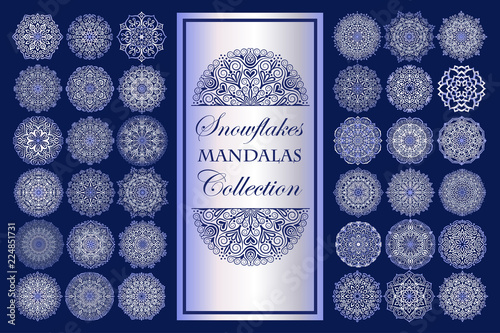 Mandala Snowflakes on Blue Background Intricate Design Elements