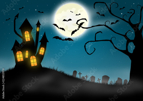 Halloween background with haunted castle and graveyard