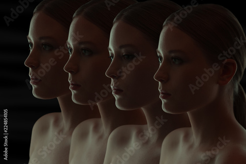Closeup portrait of many women's faces. the Dark group portrait