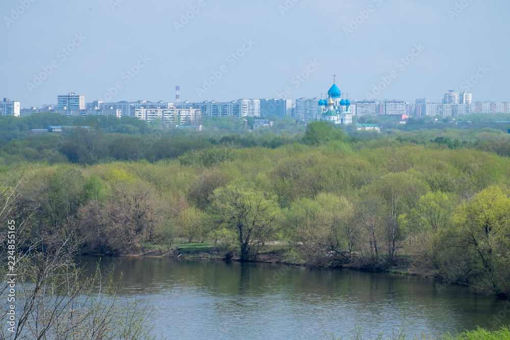 The old blue church in the village of Russia The old blue church in the village of Russia