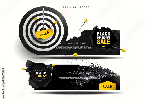 Black Friday discount coupon. Blast wave with flying particles. Explosive coupon sale. Big Sale, darts.