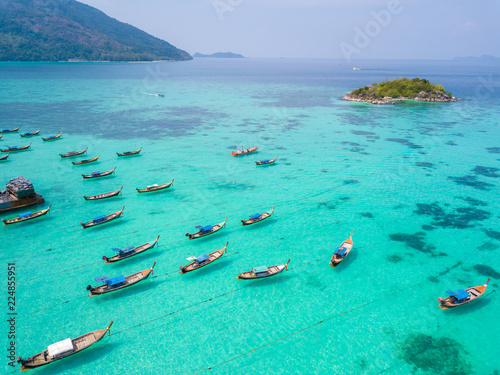 High aerial overview of entire tropical Thai island of Ko Lipe and Andman Sea in Thailand