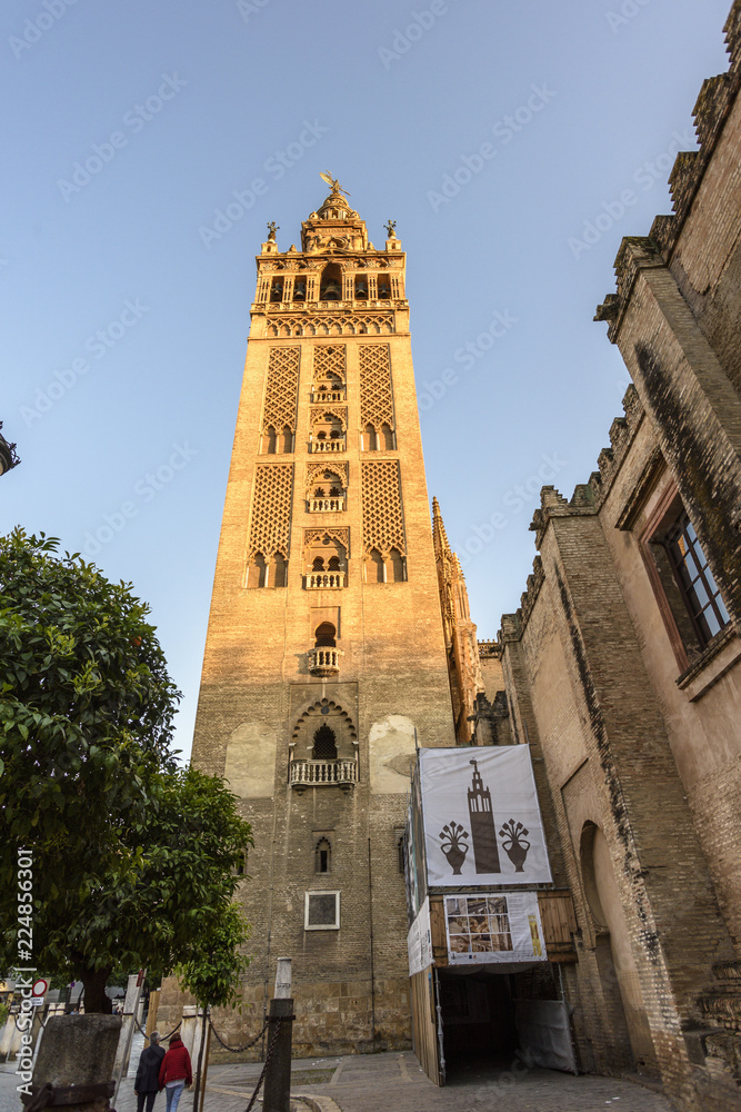 view of the tower of the cathedral of Seville, called La Giralda, in Seville, Andalucia. Spain