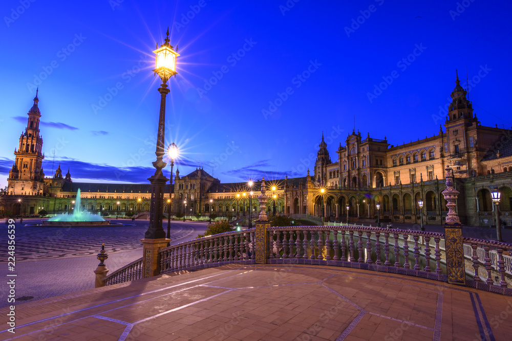 Naklejka premium view of the Plaza de España in Seville at night in Andalucia, Spain