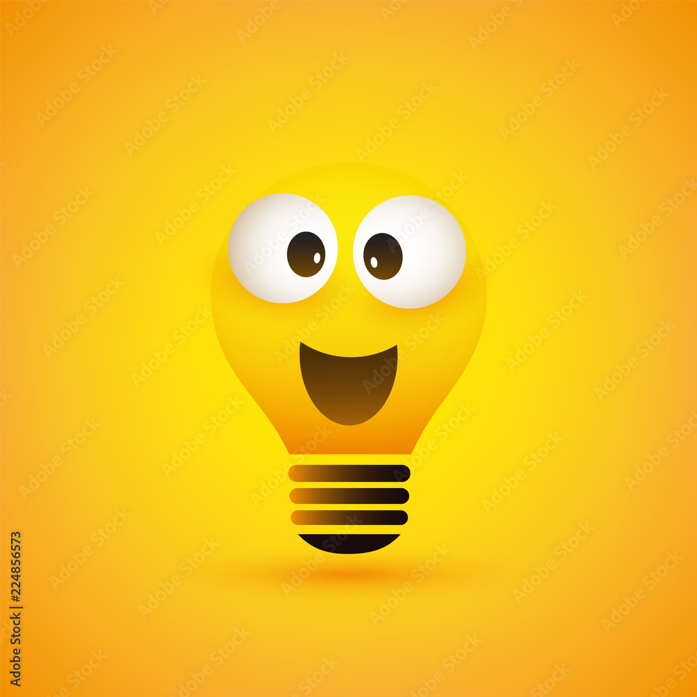 glas mekanisk serie Smiling Light Bulb Emoji with Pop Out Eyes - Simple Shiny Happy Emoticon on  Yellow Background - Vector Design Stock-vektor | Adobe Stock