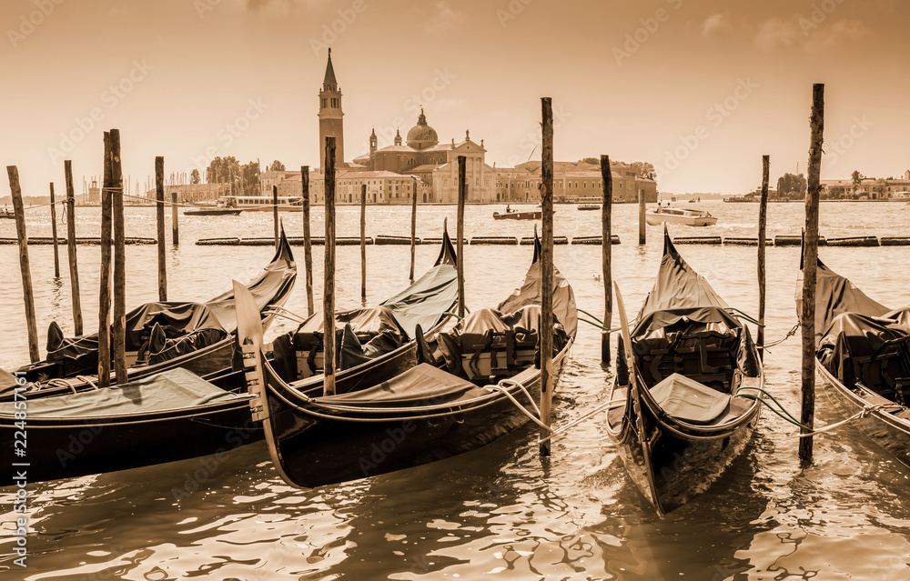 Italy, Venice landscape with gondolas - sepia tones