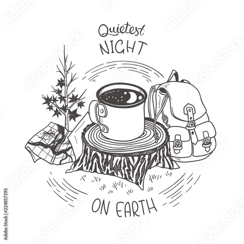 Camping Illustration. Vector Pencil Drawing of Mug and Hiking Accessories