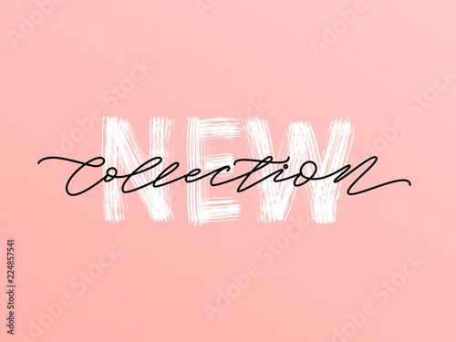 New collection white text on pastel pink background. Modern brush calligraphy. Vector illustration. Hand drawn lettering word. Design for social media, print lables, poster banner etc