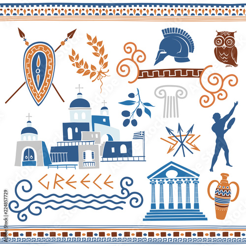Greek Vector Clipart. Set of Illustrations on Ancient Symbols, Themes and Ornaments