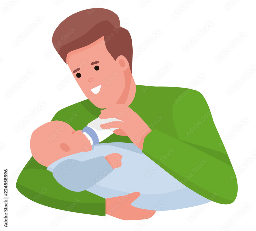 happy young father feeding newborn baby with milk bottle on couch at home. Cartoon flat vector illustration on white background happy young father feeding newborn baby with milk bottle on couch at home. Cartoon flat vector illustration on white background