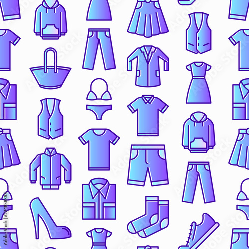 Clothing seamless pattern with thin line icons: shirt, shoes, pants, hoodie, sneakers, shorts, underwear, dress, skirt, jacket, coat, socks. Modern vector illustration.