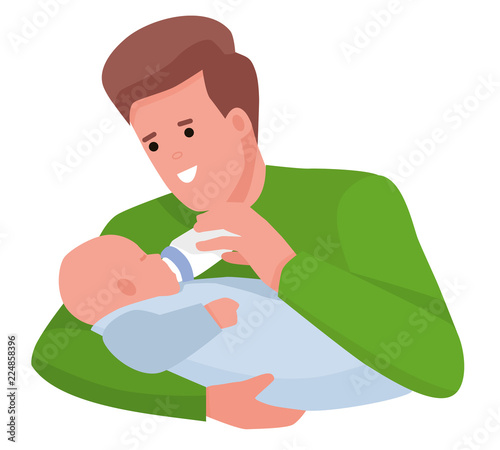 happy young father feeding newborn baby with milk bottle on couch at home. Cartoon flat vector illustration on white background
