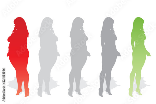 Vector conceptual fat overweight obese female vs slim fit healthy body after weight loss or diet with muscles thin young woman isolated. Fitness, nutrition or fatness obesity, health silhouette shape