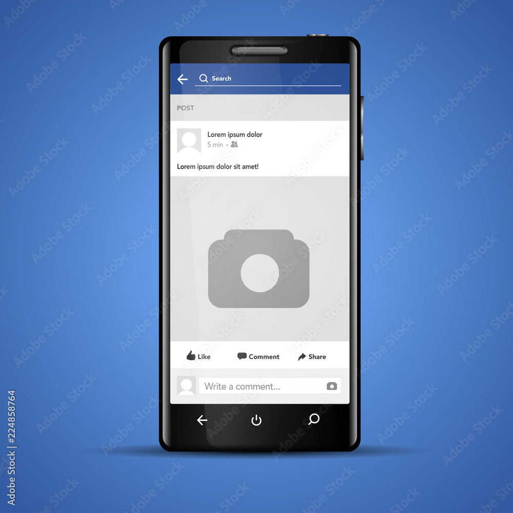 Black smartphone with social network profile on screen. Modern vector design illustration template.