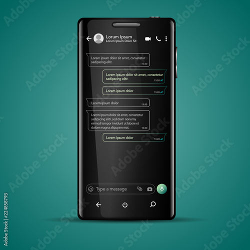Modern vector mobile phone illustration with future cyber chat screen app, messaging template. Social network, chatting and messaging concept
