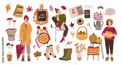 Autumn set - people holding gathered seasonal crops, fallen leaves, rubber boots, knitted socks, forest mushrooms isolated on white background. Colorful vector illustration in flat cartoon style.