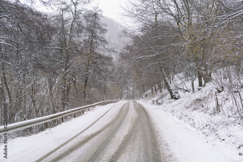 Snowy mountain road.