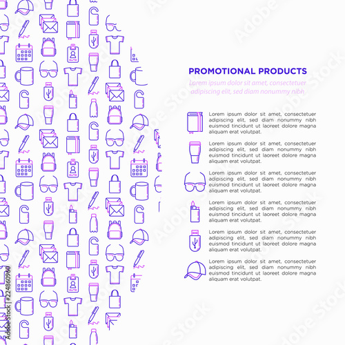 Promotional products concept with thin line icons: notebook, tote bag, sunglasses, t-shirt, water bottle, pen, backpack, cup, hat, travel mug, usb, lighter. Vector illustration, print media template.