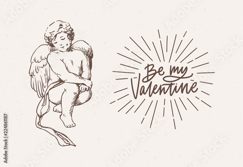 Valentine's day postcard or greeting card template with adorable shy angel with wings hand drawn with contour lines on light background
