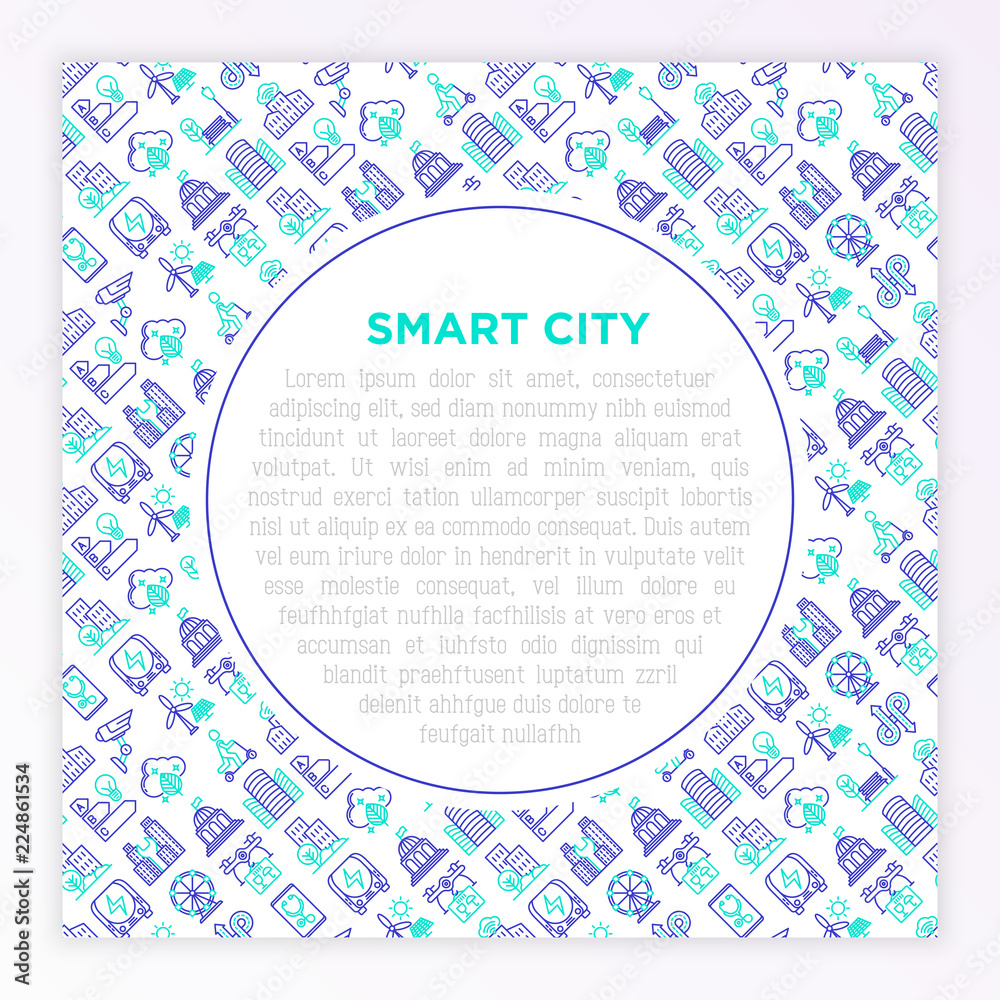 Smart city concept with thin line icons: green energy, intelligent urbanism, efficient mobility, zero emission, electric transport, public spaces, CCTV. Vector illustration, print media template. Smart city concept with thin line icons: green energy, intelligent urbanism, efficient mobility, zero emission, electric transport, public spaces, CCTV. Vector illustration, print media template.