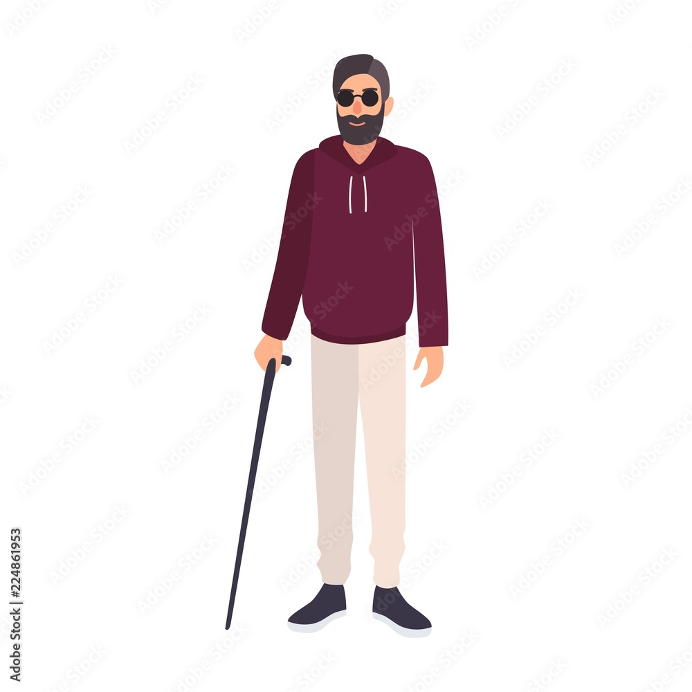 Blind man wearing sunglasses and holding cane isolated on white background. Male character with blindness, visual impairment or vision loss. Colorful vector illustration in flat cartoon style. Blind man wearing sunglasses and holding cane isolated on white background. Male character with blindness, visual impairment or vision loss. Colorful vector illustration in flat cartoon style.