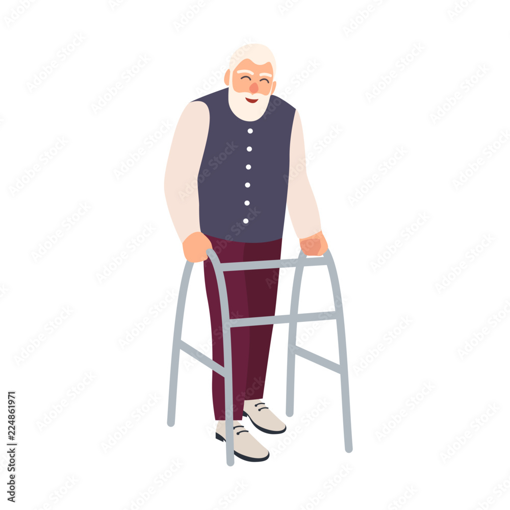 Joyful elderly man with walking frame or walker isolated on white ...