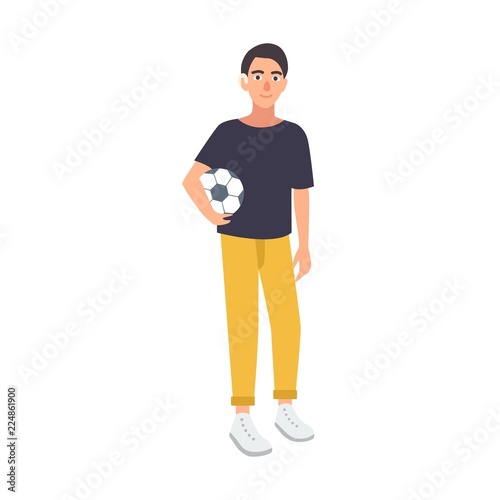 Young boy with hearing impairment holding soccer ball isolated on white background