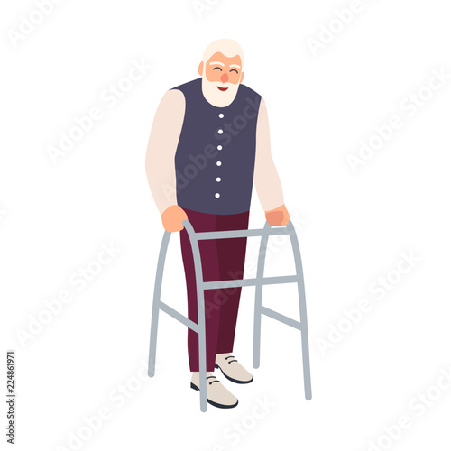 Joyful elderly man with walking frame or walker isolated on white background