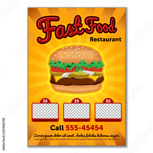 Burger flyer template. Cute cartoon colored picture of fast food. Menu design elements. Vector illustration of fast food