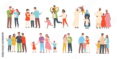 Set of happy traditional heterosexual families with children. Smiling mother, father and kids. Cute cartoon characters isolated on white background. Colorful vector illustration in flat style. photo