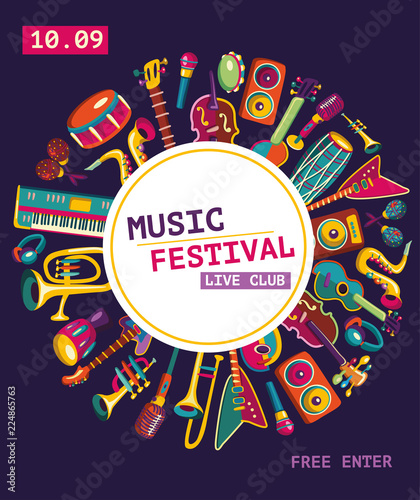 Music festival poster. Music instruments. Vector illustration