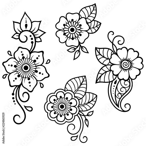 Set of Mehndi flower pattern for Henna drawing and tattoo. Decoration in ethnic oriental, Indian style.