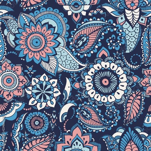 Turkish paisley seamless pattern with buta motifs and Arabic floral mehndi elements on blue background. Colorful decorative vector illustration for fabric print, wallpaper, wrapping paper, backdrop.