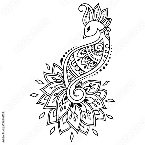 Mehndi flower pattern with peacock for Henna drawing and tattoo. Decoration in ethnic oriental, Indian style.