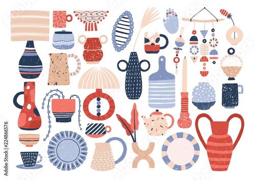 Collection of trendy ceramic household crockery and pottery - cups, plates, bowls, vases, mugs. Bundle of utensils for home decoration isolated on white background. Flat cartoon vector illustration.
