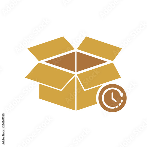 Box icon, delivery and shipping, open package, unbox icon with time sign. Box icon and countdown, deadline, schedule, planning symbol