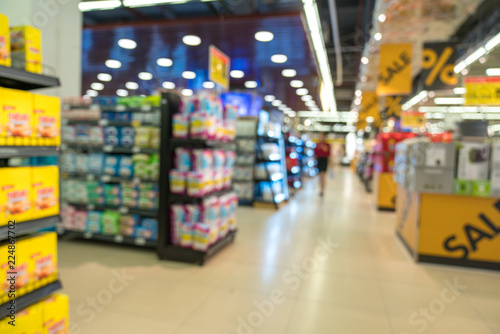 Abstract blurred supermarket aisle with colorful shelves and unrecognizable customers as background