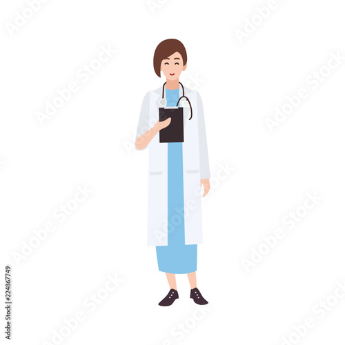 Friendly woman physician, doctor, medical specialist or practitioner dressed in white coat
