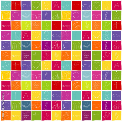 Modern Christian symbols on a colorful checkerboard background - repeatable