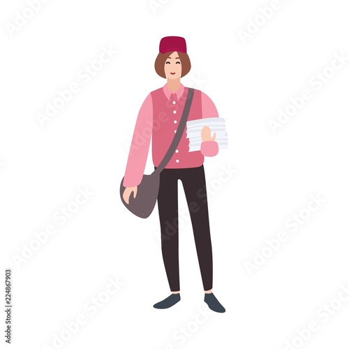 Postman, mailman, post or mail carrier, postal worker, messenger with bag and newspapers