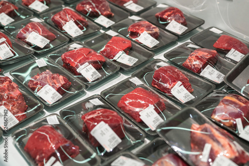 Raw beef meat in plastic box in supermarket