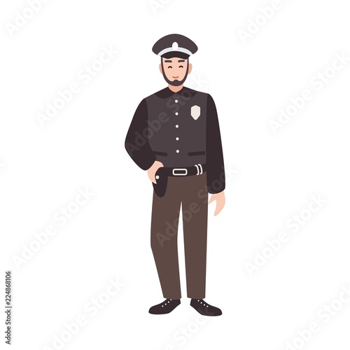 Smiling police officer, policeman, cop or law enforcement worker wearing uniform and cap