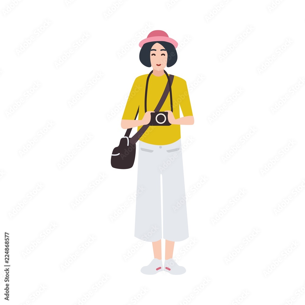 Woman photographer holding photo camera and photographing. Creative profession or occupation. Cute female cartoon character isolated on white background. Colored vector illustration in flat style.