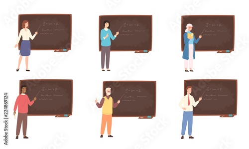 Collection of male and female school or college teachers, professors, education workers standing beside chalkboard, holding pointer and teaching. Colorful vector illustration in flat cartoon style.