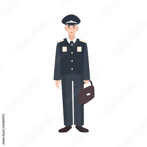 Smiling soldier, military or armed force servant wearing formal uniform, cap and holding briefcase