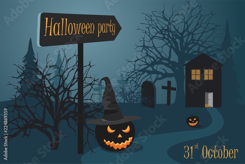 Halloween party near the cemetery and woods. Two Scary pumpkin 
