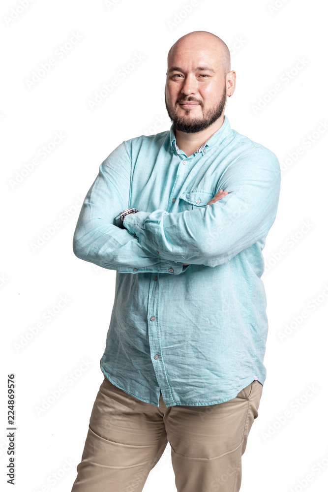 Bald man smiling, close-up, isolated on white background Bald man smiling, close-up, isolated on white background