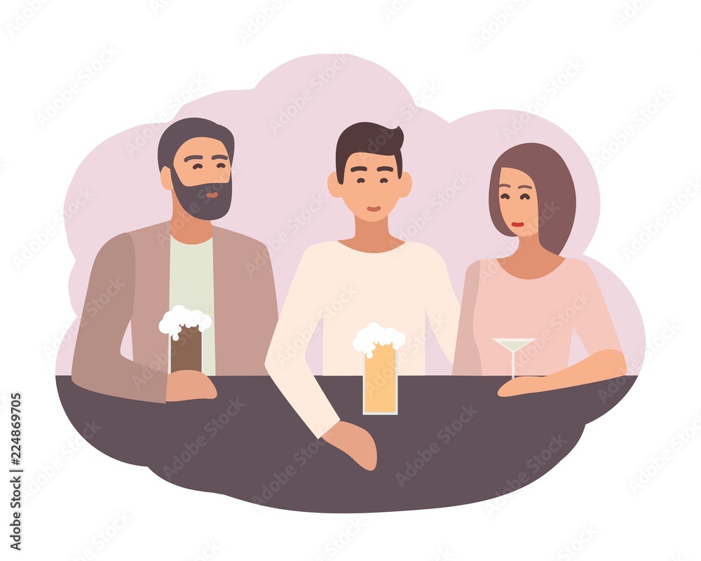 Smiling man sitting at bar counter with friends and drinking beer and  cocktails. Male character spending time with mates. Daily life scene.  Colorful vector illustration in flat cartoon style. Stock Vector |