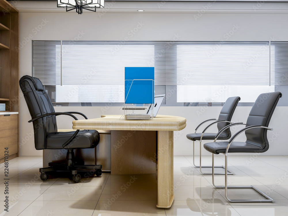 Modern company leadership office, leather chairs, wooden tables, bookshelves, etc. Modern company leadership office, leather chairs, wooden tables, bookshelves, etc.