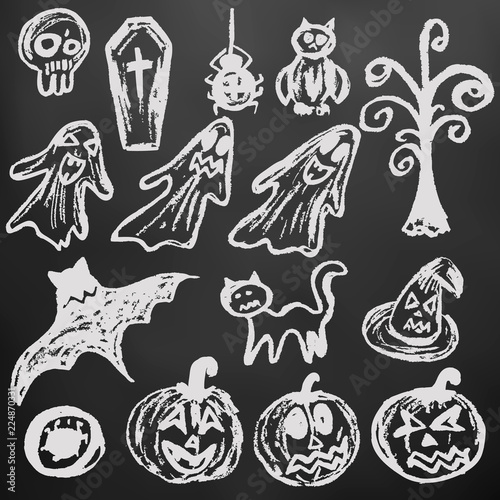 Halloween. A set of funny objects. White chalk on a blackboard. Collection of festive elements. Autumn holidays. Pumpkin  eye  coffin  tree  bat  spider  cat  witch hat  owl  skull  ghosts